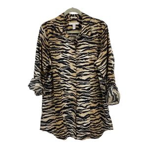 Chicos 3 Bold Tiger Pattern Long Sleeve Button Up Shirt Women XL Tunic Length